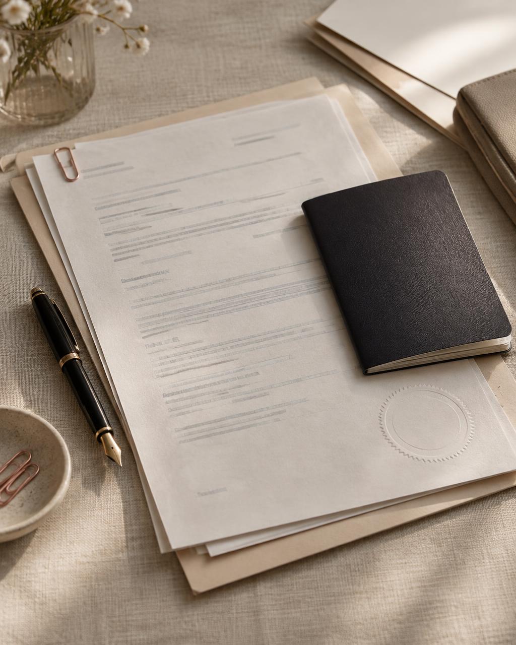 Passport and translated documents arranged on a linen desk