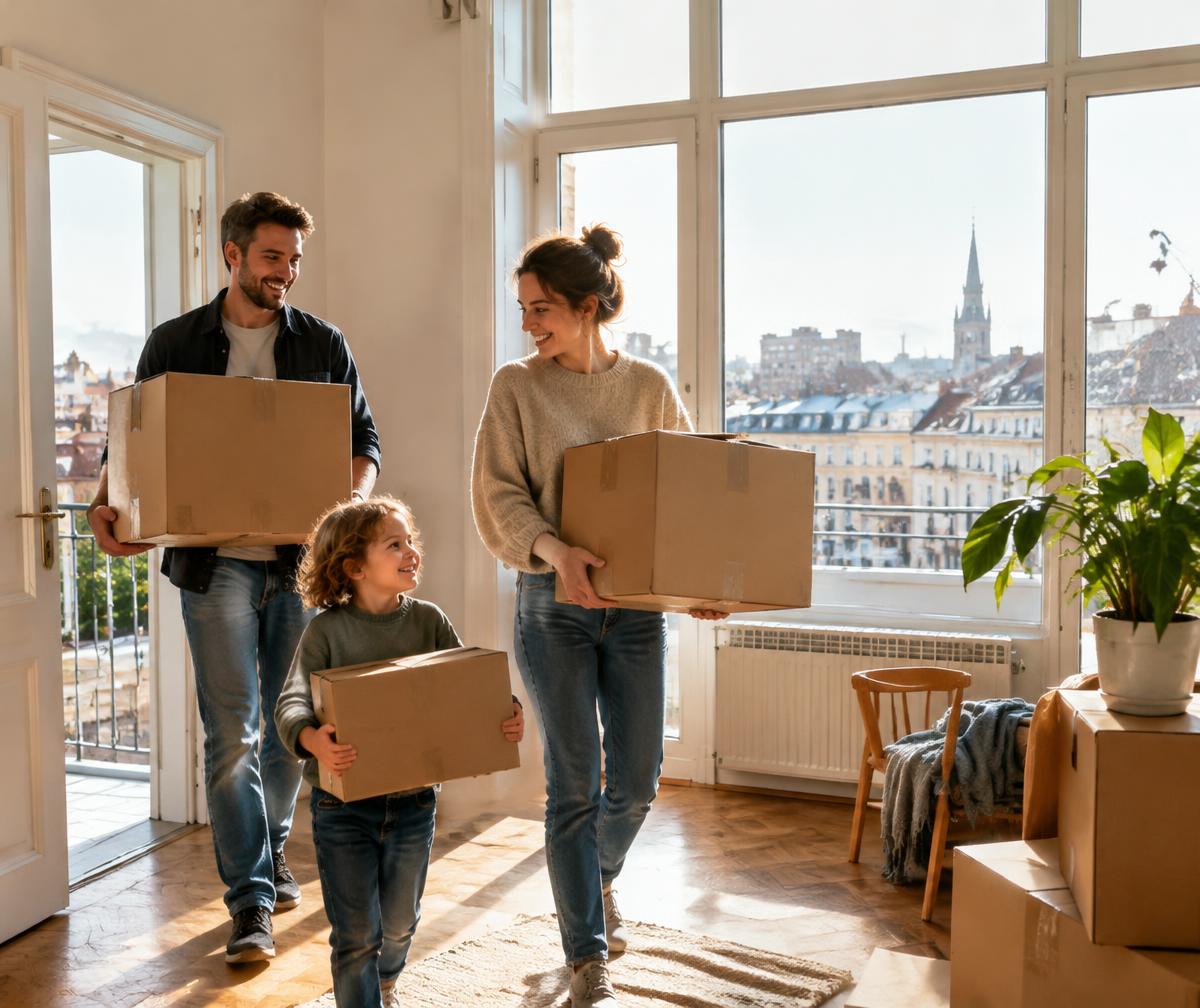 Family moving into a new home abroad